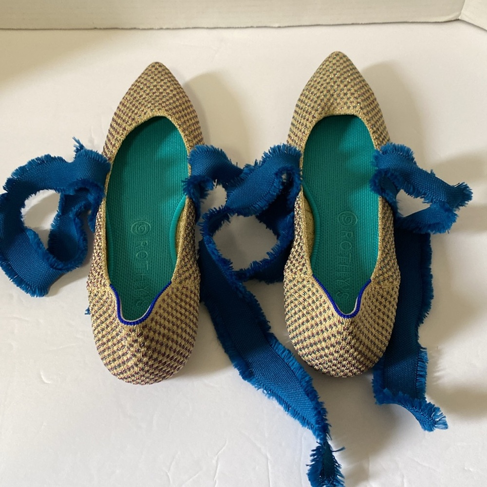 Rothy’s Women Size 10.5 Tweed Sparkle Pointed Flats with Blue Ties - Picture 4 of 6